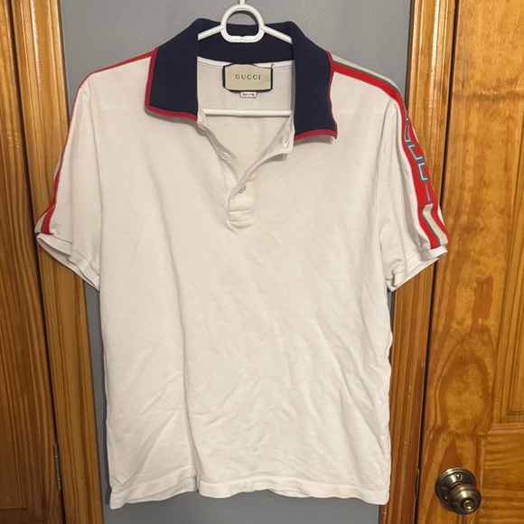 Gucci Men's Polo Shirt in White with Red and Blue Details